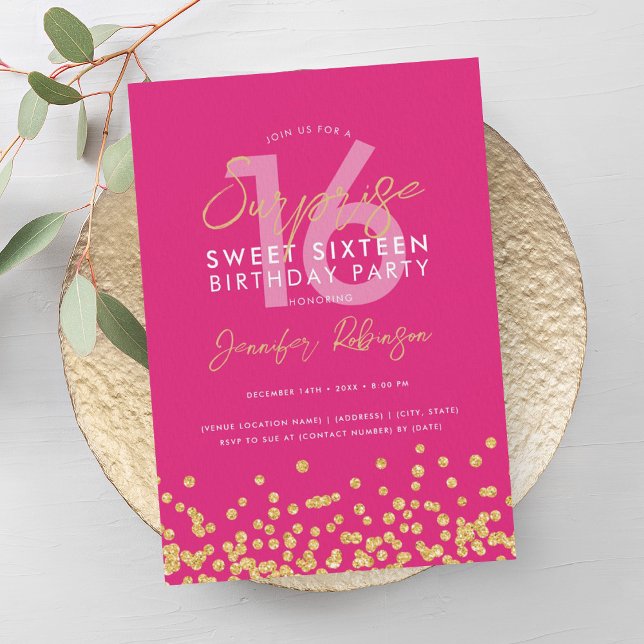 Convite Dourado brilho quente Confetti Surpresa Sweet 16 (Hot Pink Gold Glitter Confetti Surprise Sweet 16 Invitation)