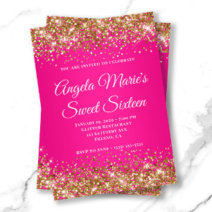Convite Dourado Brilho Rosa Quente Monograma Fancy Sweet S