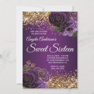 Convite Dourado Brilho Roxo Floral Glam Doce Dezesseis