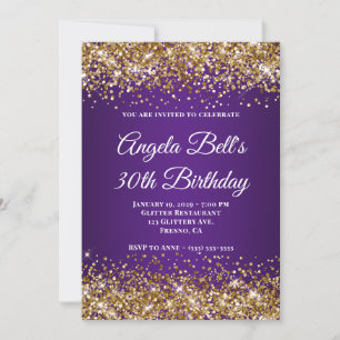 Convite Dourado Brilho Roxo Real Monograma 30º Aniversário
