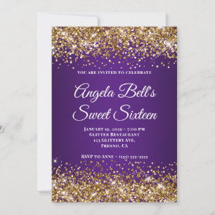 Convite Dourado Brilho Roxo Real Monograma Doce Dezesseis