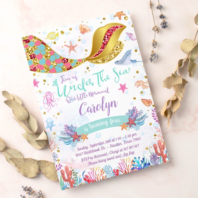 Convite Dourado brilho | Sereia Sob O Aniversário Do Mar (Criador carregado)