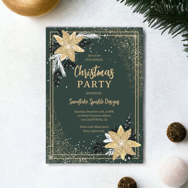 Convite Dourado brilho verde floral Corporativo Natal (Gold glitter floral green Corporate Christmas Invitation)