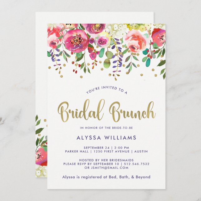 Convite Dourado | Brunch Bridal Modern de Watercolor (Frente/Verso)