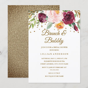 Convite Dourado Burgundy Floral Brilho Brunch E Espumante