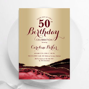 Convite Dourado Burgundy Red Agate 50º Aniversário