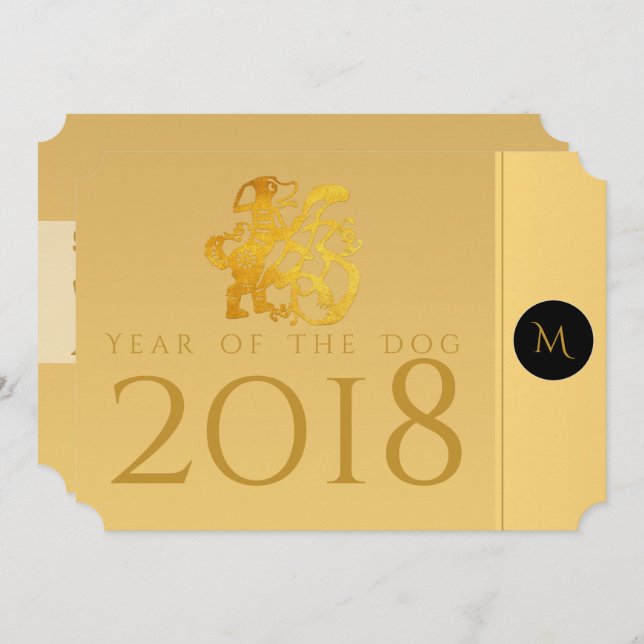 Convite Dourado Cachorro Chinês Papercut 2018 Monograma Co (Frente/Verso)