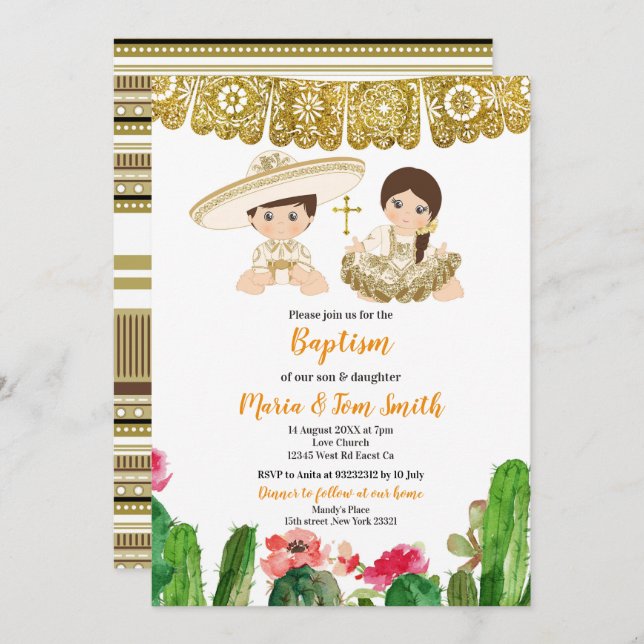 Convite Dourado Cactus Baptism Fiesta Twin (Frente/Verso)