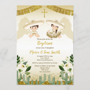 Convite Dourado Cactus Birthday Baptism Fiesta Twin