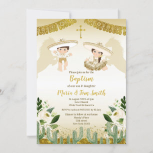 Convite Dourado Cactus Birthday Baptism Fiesta Twin Invita