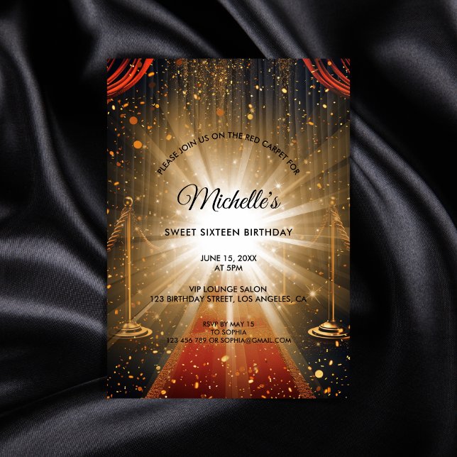 Convite Dourado Carpete Vermelho Doce Dezesseis Aniversári (classy glitter red carpet party invitation)