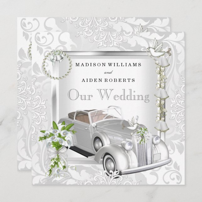 Convite Dourado Carro vintage branco Elegante Damasco 2 (Frente/Verso)