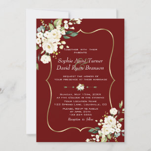 Convite Dourado Casamento Borgonha das Flores Brancas Eleg