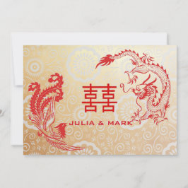 Convite Dourado Casamento Chinês de Dragão Moderno-Phoenix