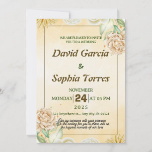 Convite Dourado casamento com flores brancas creme-d-água