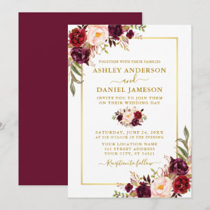 Convite Dourado Casamento de Borgonha Floral Moderno