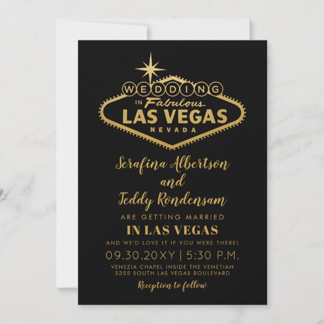 Convite Dourado Casamento de Destino Fabuloso em Las Vegas (Frente)
