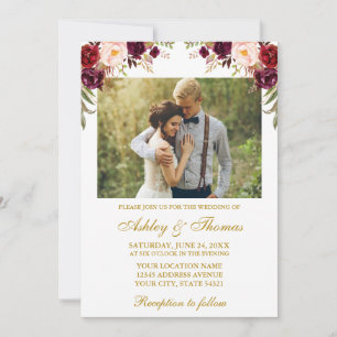 Convite Dourado Casamento de Foto Floral de Watercolor Bur