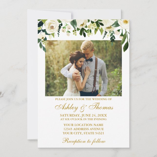 Convite Dourado Casamento de Foto Floral Verde Watercolor (Frente)