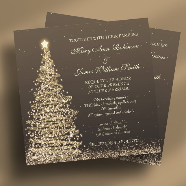 Convite Dourado Casamento de Natal Elegante (Elegant Christmas Wedding Gold Brown Invitation)
