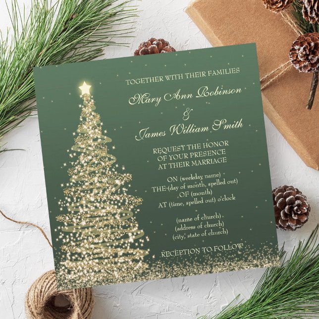 Convite Dourado Casamento de Natal Elegante Verde (Elegant Christmas Wedding Gold Green Invitation)
