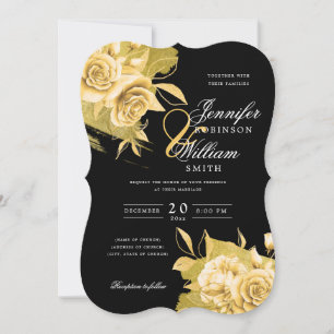 Convite Dourado Casamento Elegante Simples Floral e Preto