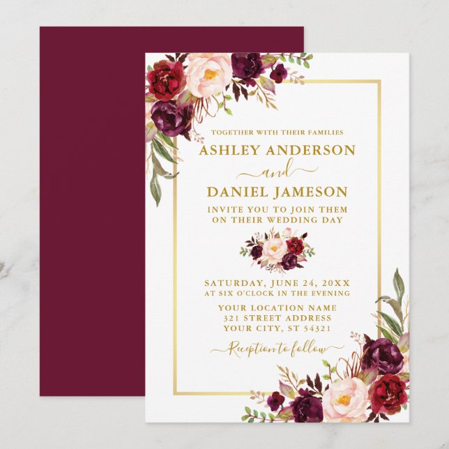 Convite Dourado Casamento Floral de Clorideira Moderna (Frente/Verso)