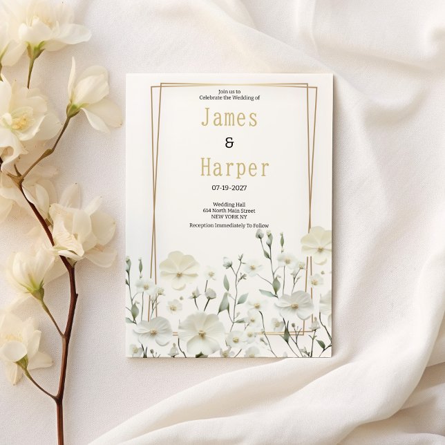 Convite Dourado Casamento floral delicado de menta branca (Gold white mint delicate floral Wedding )
