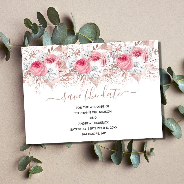 Convite Dourado Casamento Floral Rosa Branca, Rosa Rosa Ro (Pink White Rose Gold Floral Wedding Save The Date Card)