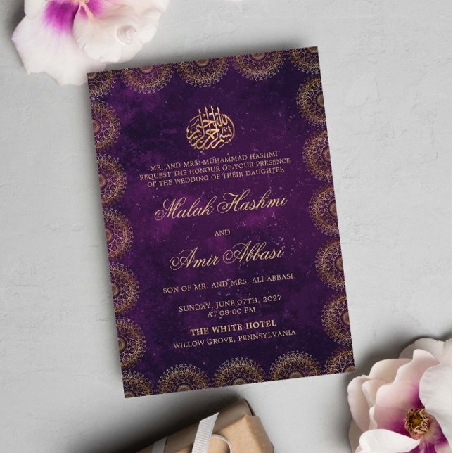 Convite Dourado casamento Islâmico Purple Muçulmano com o  (Criador carregado)