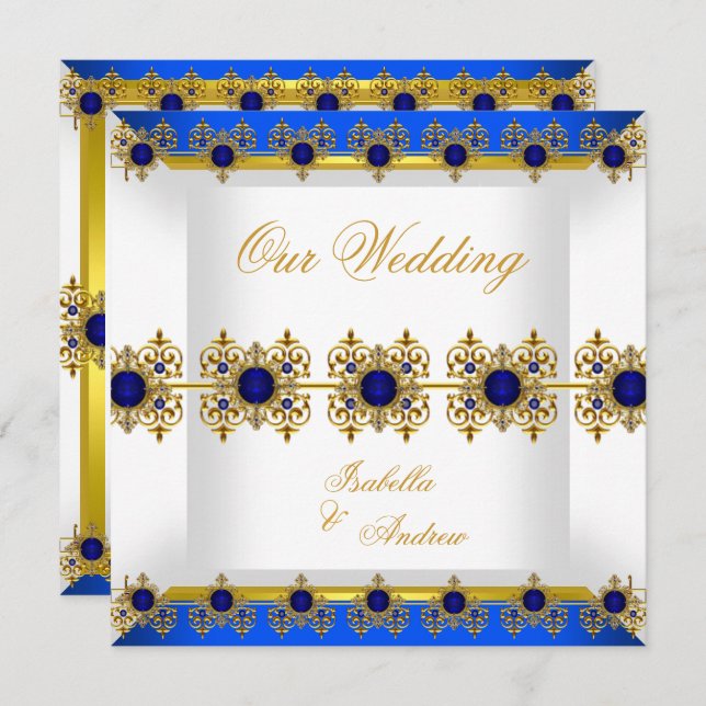 Convite Dourado Casamento Real Azul Gem Branco (Frente/Verso)