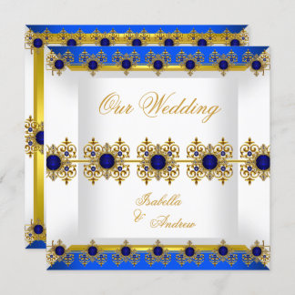 Convite Dourado Casamento Real Azul Gem Branco