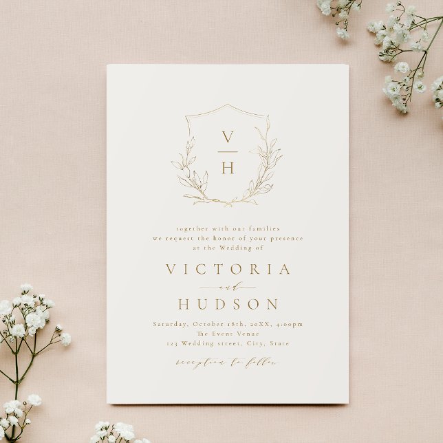 Convite Dourado casamento simples da crista botânica monog (Gold simple botanical crest monogram wedding Invitation)