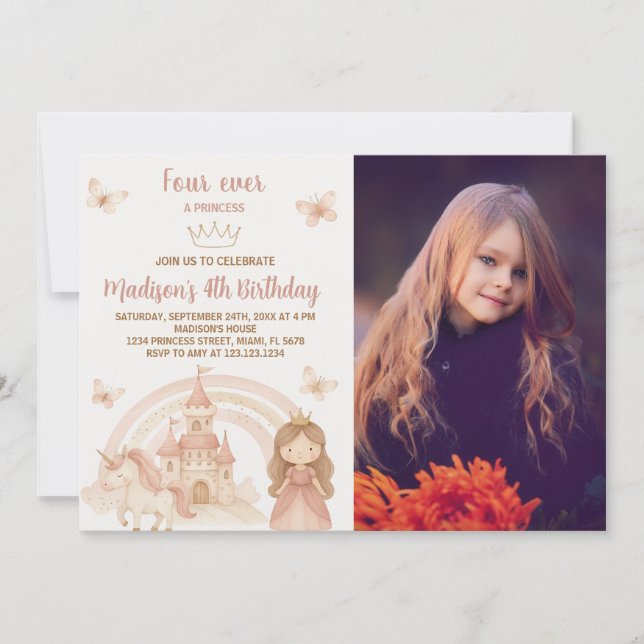 Convite Dourado Castelo e Unicorn Party Convidam com foto (Frente)