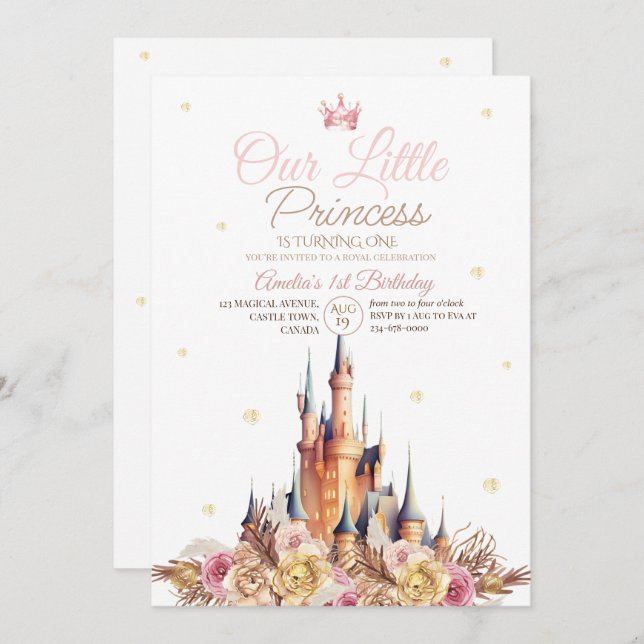 Convite Dourado Castelo Elegante Little Princess Birthday (Frente/Verso)