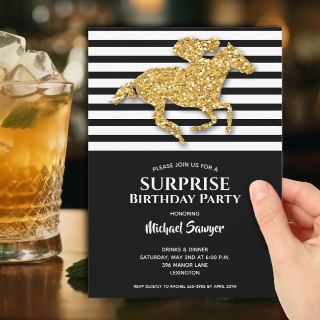 Convite Dourado Cavalo Negro Strike White Aniversário (Gold Racehorse on Black and White Stripes Birthday Invitations - PRINTED and/or INSTANT DOWNLOAD)
