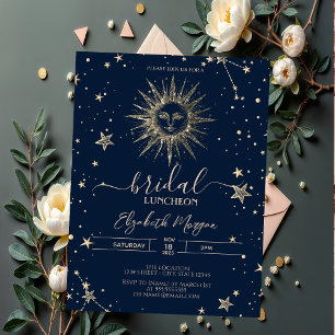 Convite Dourado Celestial Brilho Sol Estrelas Bridal Lunch