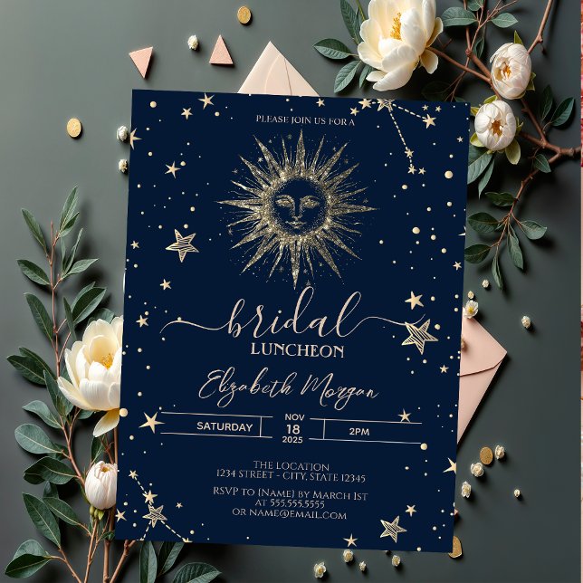 Convite Dourado Celestial Brilho Sol Estrelas Bridal Lunch (Criador carregado)