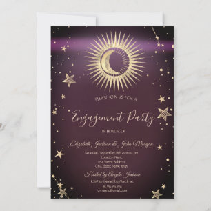 Convite Dourado Celestial Sol E Lua Estrelas Borgonha