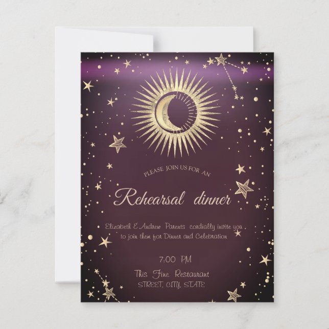 Convite Dourado Celestial Sol E Lua Estrelas Borgonha (Frente)
