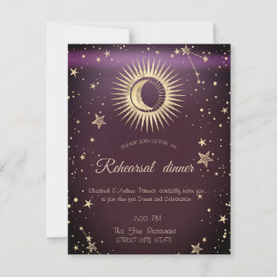 Convite Dourado Celestial Sol E Lua Estrelas Borgonha