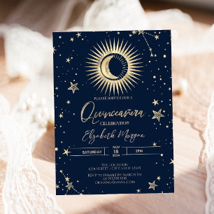 Convite Dourado Celestial Sol e Lua Estrelas Quinceanera