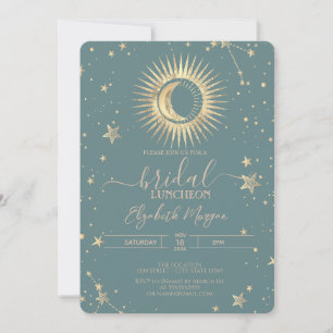 Convite Dourado Celestial Sol Lua Estrelas Almoço Verde Ho