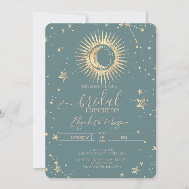 Convite Dourado Celestial Sol Lua Estrelas Almoço Verde Ho (Frente)