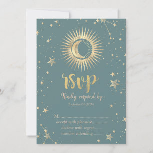 Convite Dourado Celestial Sol Lua Estrelas Hortelã Verde R