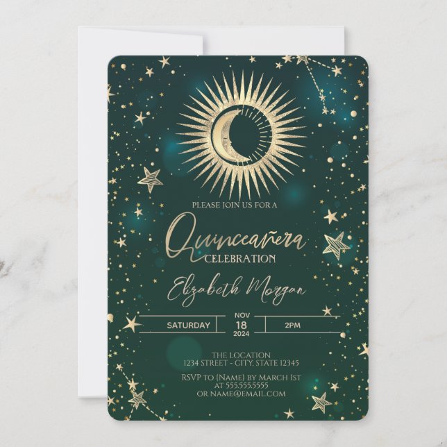 Convite Dourado Celestial Sol Lua Estrelas Quinceanera (Frente)