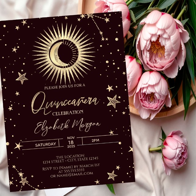 Convite Dourado Celestial Sol Lua Estrelas Quinceanera Esc (Criador carregado)