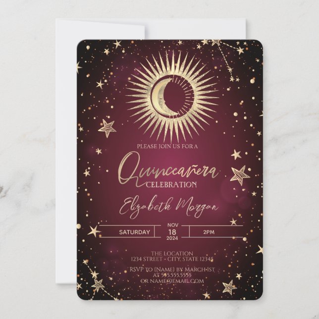 Convite Dourado Celestial Sol Lua Estrelas Quinceanera Ver (Frente)