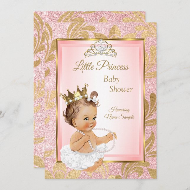 Convite Dourado Chá de fraldas da Princesa Rosa Brunette (Frente/Verso)