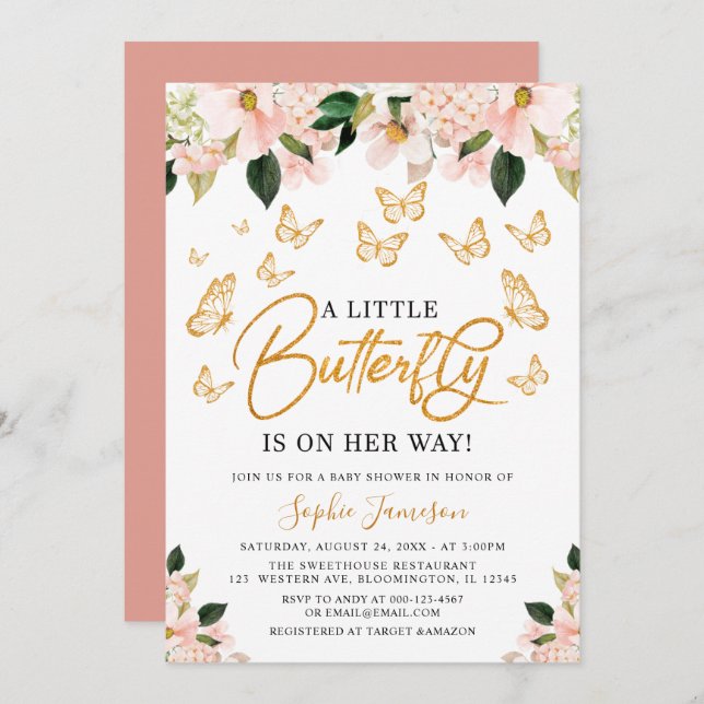 Convite Dourado Chá de fraldas de Borboleta Floral Rosa Ro (Frente/Verso)
